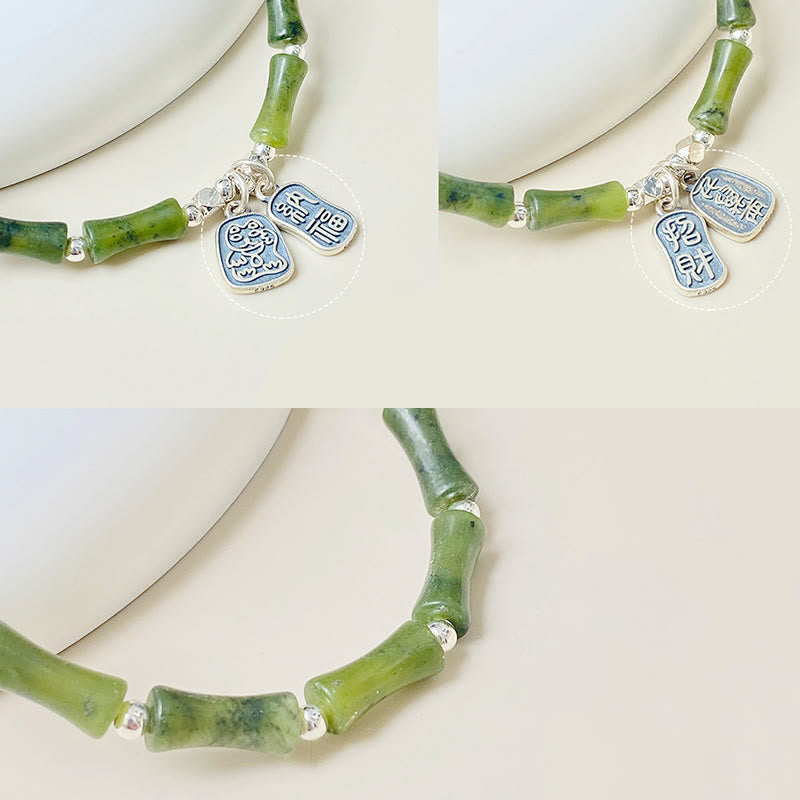 Bracelet en argent sterling 925 Buddha Stones et jade en bambou, chat porte-bonheur, personnage Fu, chance et abondance - image 17