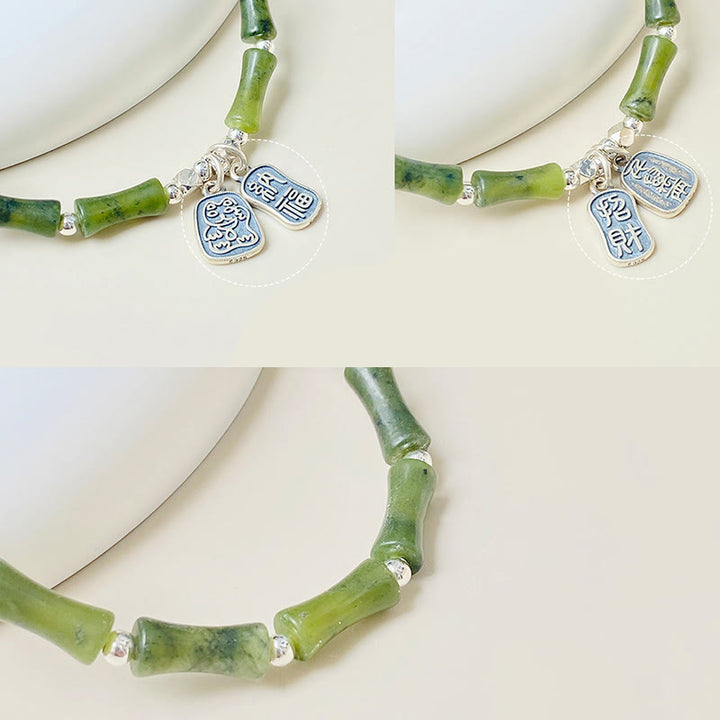 Bracelet en argent sterling 925 Buddha Stones et jade en bambou, chat porte-bonheur, personnage Fu, chance et abondance - image 17