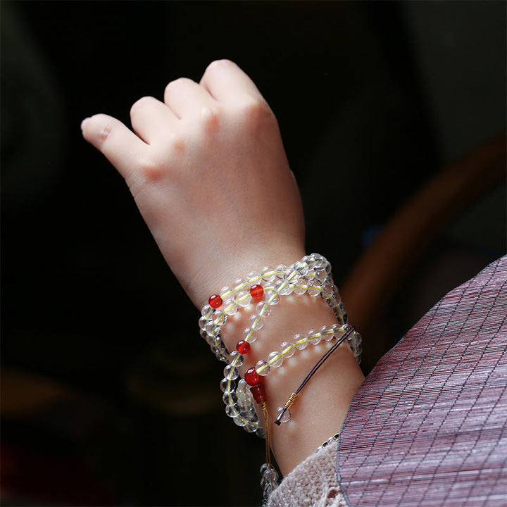 Bracelet de protection quadruple tour en argent sterling 925 avec 108 Buddha Stones Mala en agate blanche naturelle et agate rouge