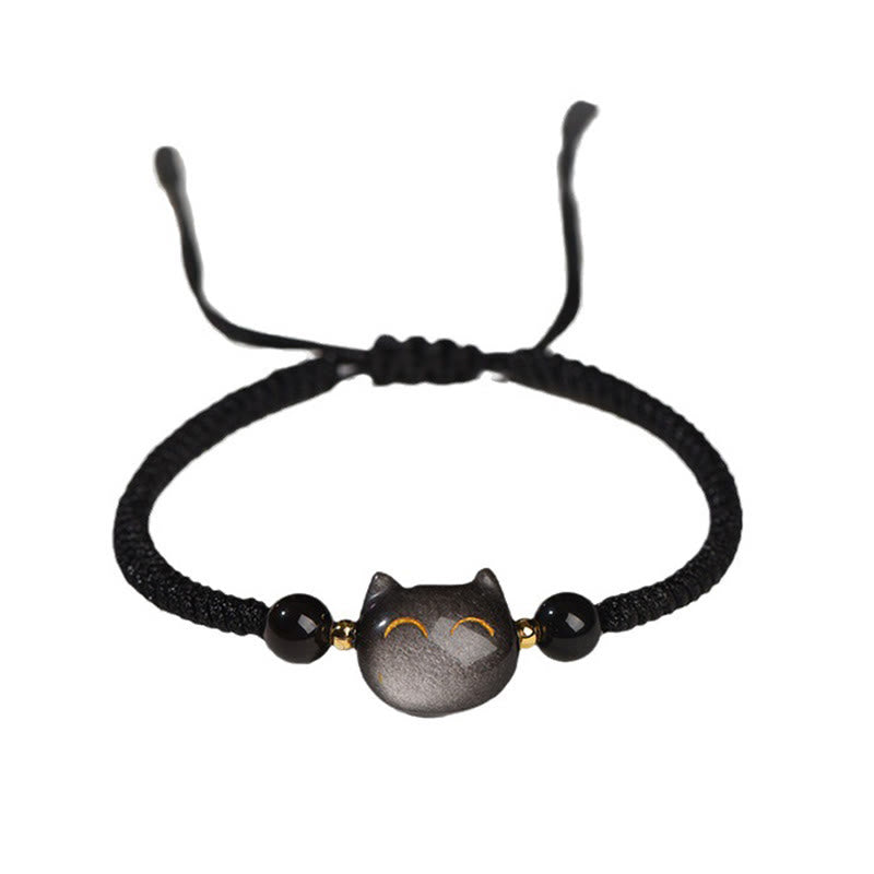 Bracelet tressé fait main en obsidienne naturelle argentée et brillante en quartz fraise avec protection pour chat mignon - image 5