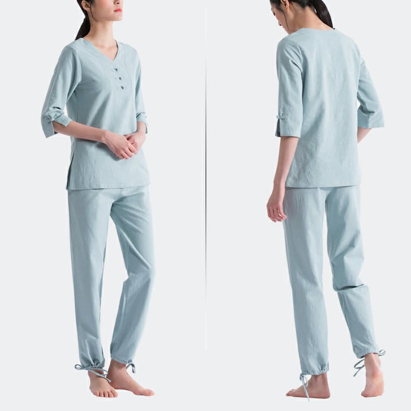 Ensemble de vêtements en coton et lin Buddha Stones , yoga, méditation, prière, col en V, pratique zen, pour femmes - image 1