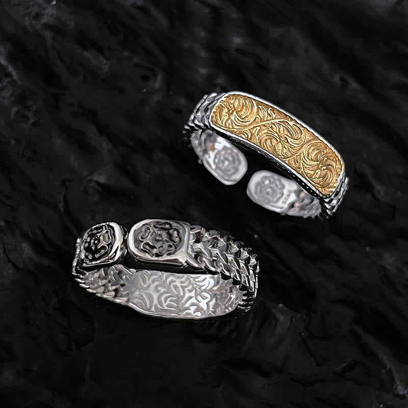 Bracelet manchette porte-bonheur en cuivre gravé avec motif floral de la dynastie Tang et anneau réglable