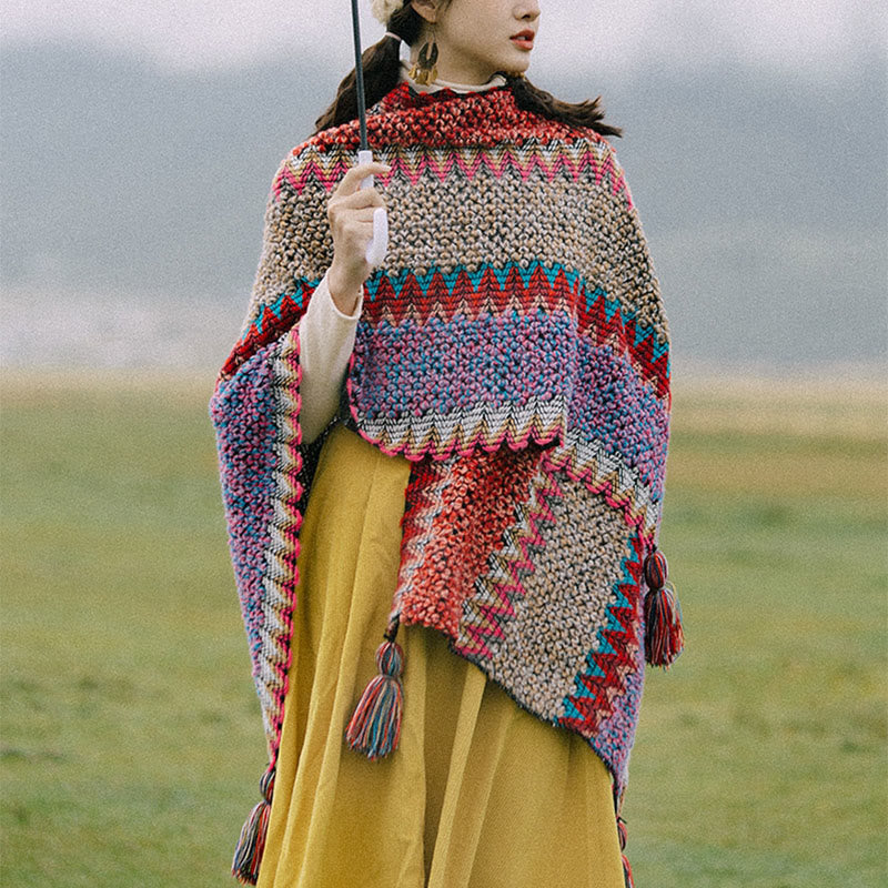 Buddha Stones, châle tibétain, cape chaude, écharpe tibétaine à pompons - Gilet rouge - image 0