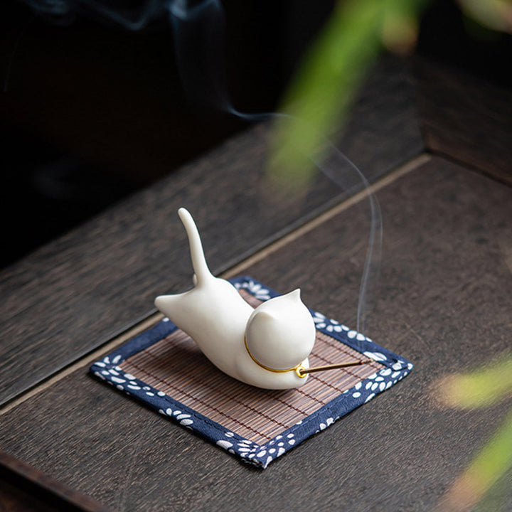 Brûleur d'encens en céramique avec joli chat panda et bénédiction