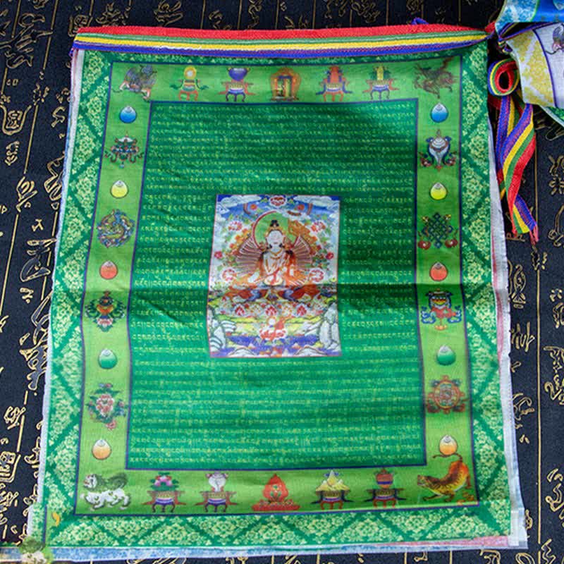 Buddha Stones Drapeau de prière extérieur tibétain à cinq couleurs représentant le Bouddha du Cheval de Vent et Tara, symbole de guérison et de bon augure - image 11
