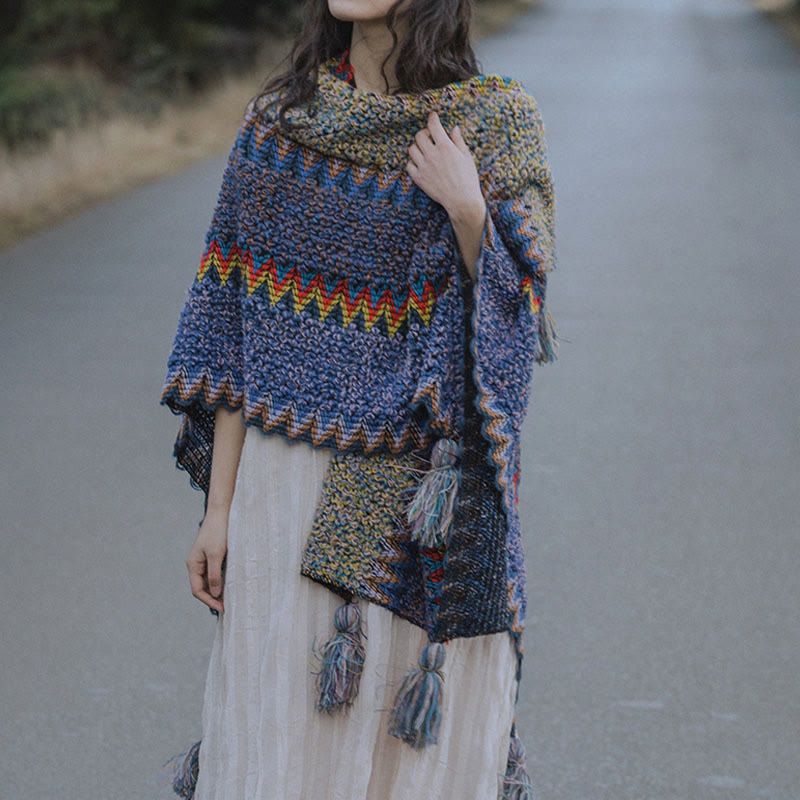 Buddha Stones, cape en tricot douce et chaude, écharpe à pompon tibétaine d'hiver - image 4