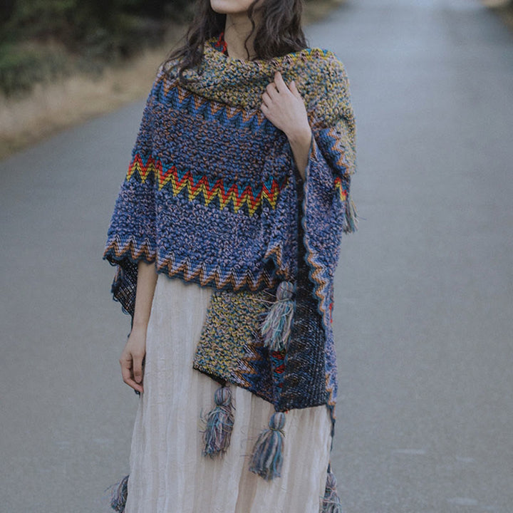 Buddha Stones, cape en tricot douce et chaude, écharpe à pompon tibétaine d'hiver - image 4