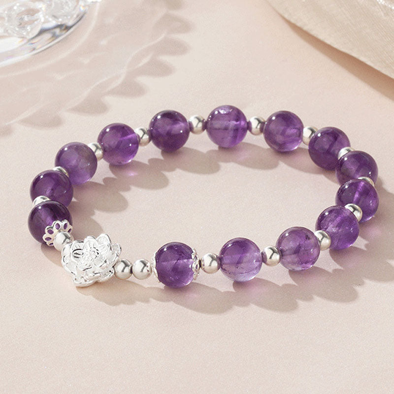 Bracelet spirituel Lotus en améthyste naturelle en argent sterling 925 Buddha Stones