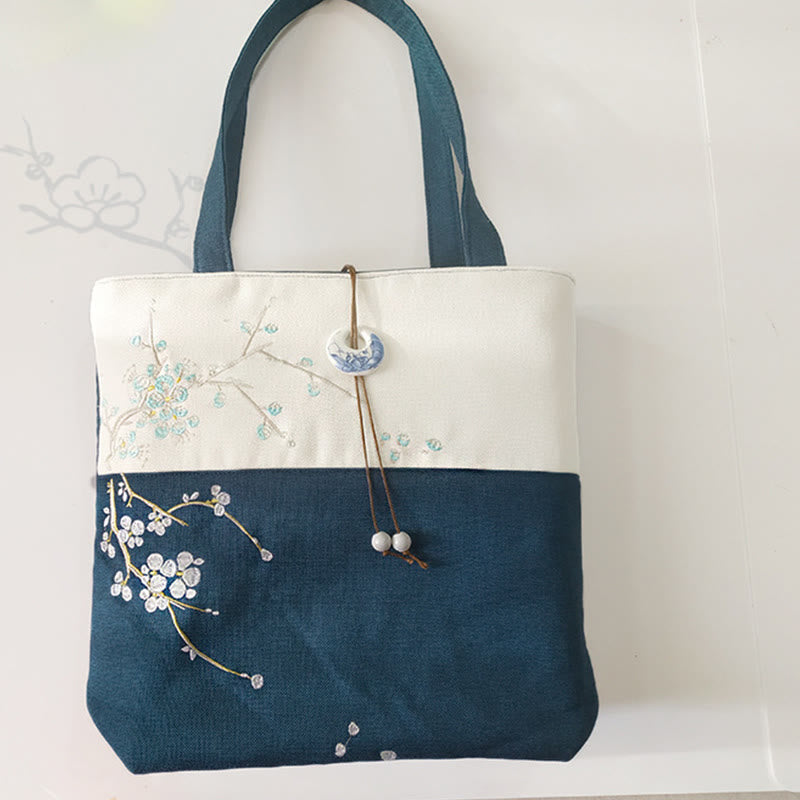 Sac à bandoulière en toile brodée de bambou avec fleur de poire, prunier, fleur de pêcher, grande capacité, sac fourre-tout