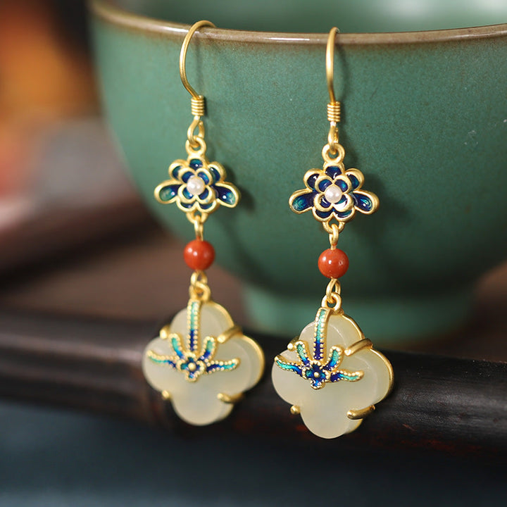 Boucles d'oreilles en cuivre et jade porte-bonheur trèfle à quatre feuilles Buddha Stones