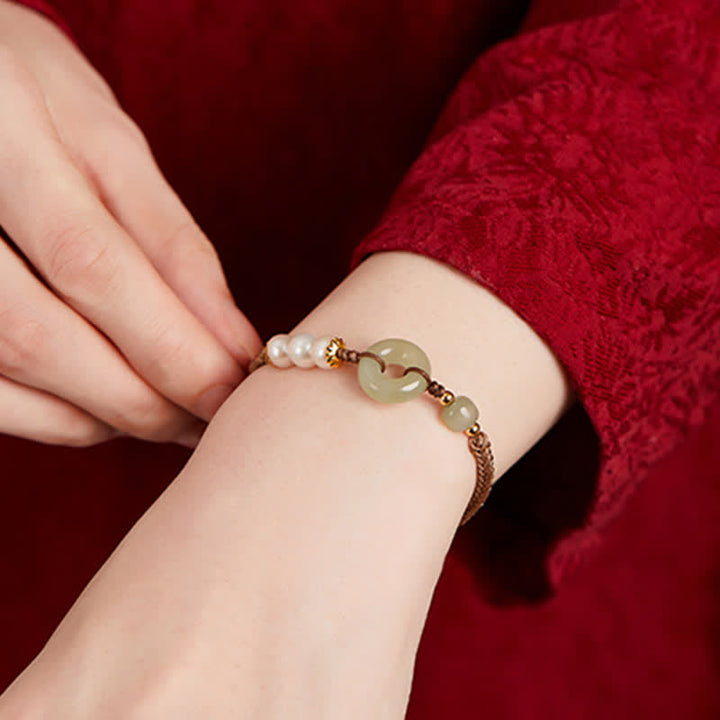 Bracelet porte-bonheur avec boucle de paix et perles de jade Hetian naturelles de Buddha Stones