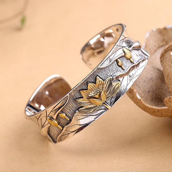 Bracelet réglable en argent sterling 925 Buddha Stones et fleur de lotus