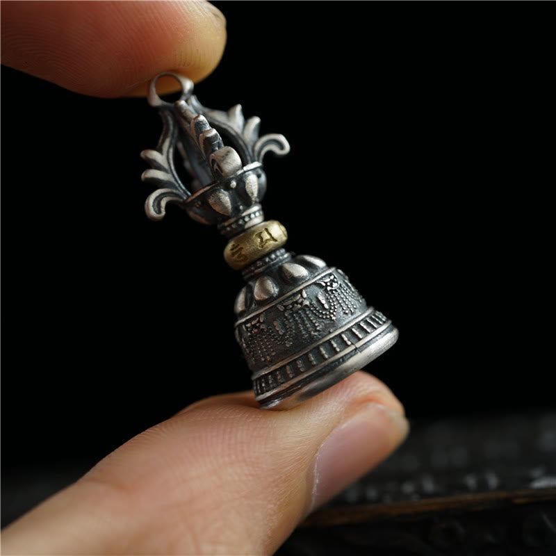Buddha Stones Tibet Argent Sterling 925 Om Mani Padme Hum Dorje Cloche Vajra Gravé Pendentif d'Illumination Décoration Suspendue - Pendentif cloche Dorje uniquement (14*32 mm) - image 0