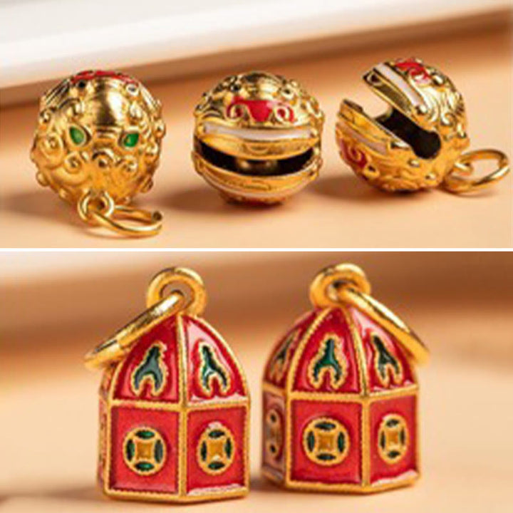Buddha Stones Rien de superstitieux Lion dansant Porte-clés en cuivre Richesse