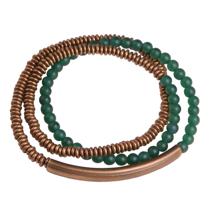 Bracelet tibétain triple tour en agate et cuivre