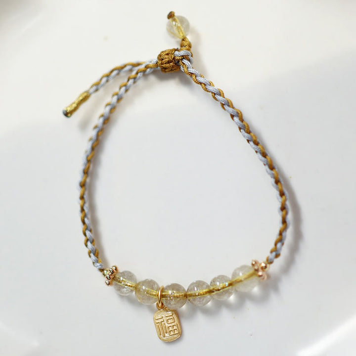 Bracelet tressé porte-bonheur en argent sterling 925 avec gourde de jade naturelle et quartz rutile Fu