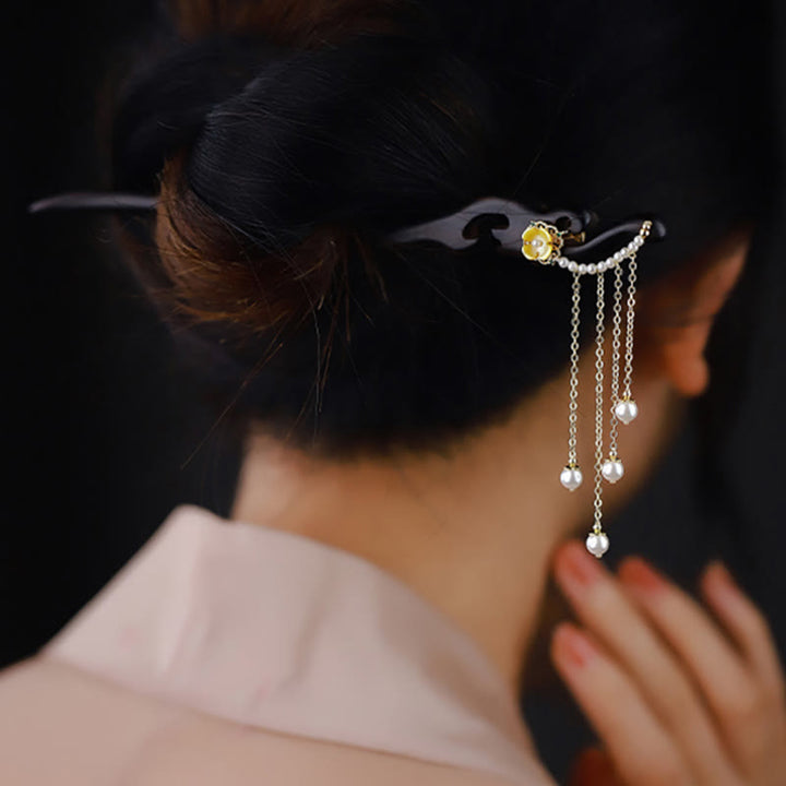 Épingle à cheveux en bois d'ébène avec Buddha Stones et fleurs jaunes et perles