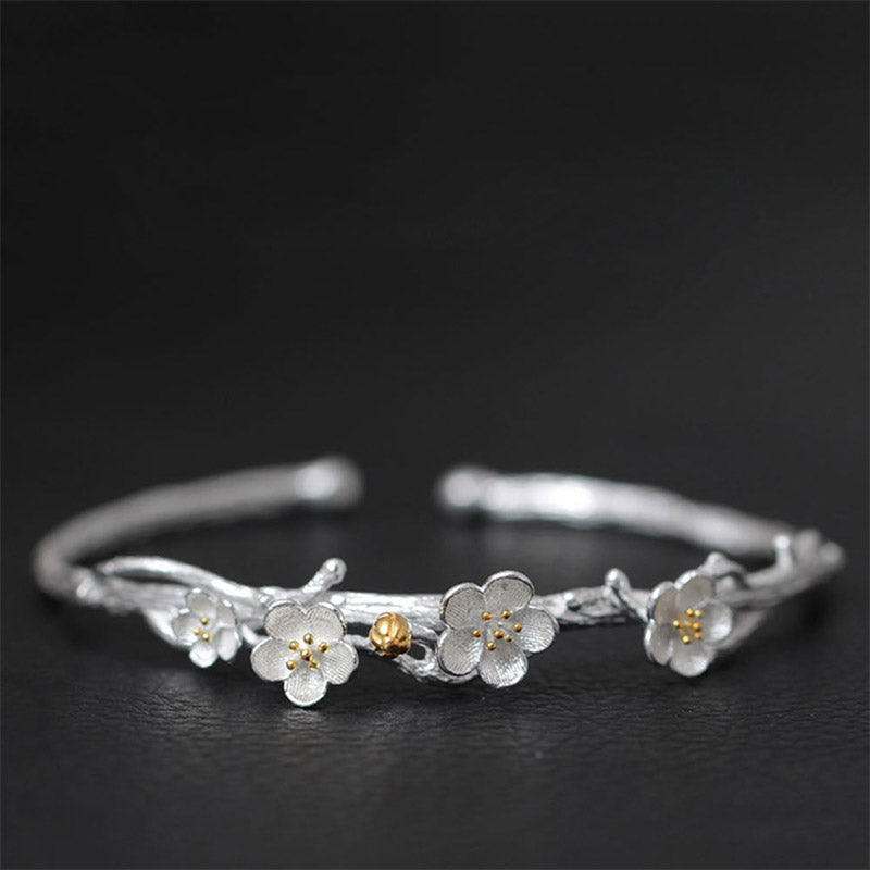 Bracelet réglable en argent sterling 925 Buddha Stones et fleur de prunier