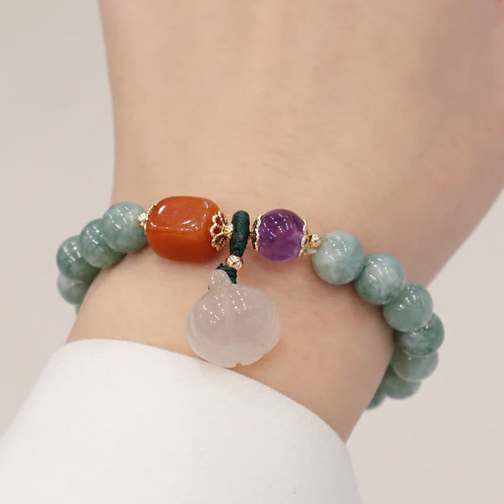 Bracelet de guérison en cristal d'améthyste avec boucle de paix et lotus en jade cyan et citrouille
