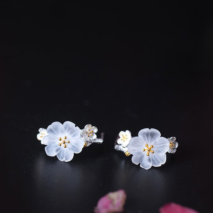 Boucles d'oreilles en argent sterling 925 Buddha Stones et fleurs de prunier
