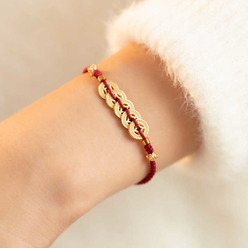 Bracelet tressé en cuivre avec Buddha Stones et pièce de monnaie, arbre de la fortune, chance et force