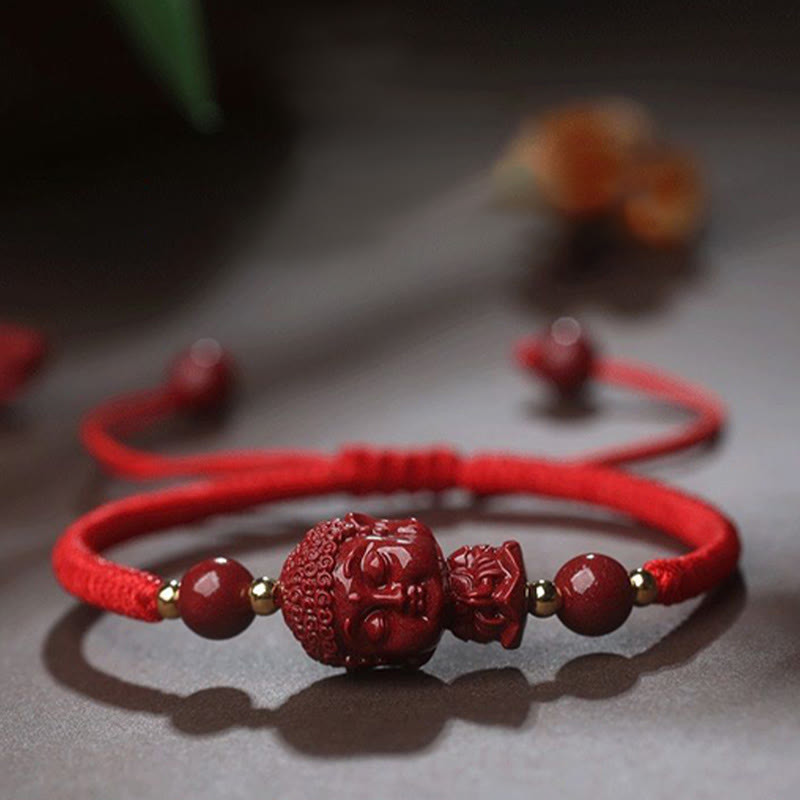 Bracelet en cordon avec amulette de bénédiction en cinabre et Buddha Stones du zodiaque chinois