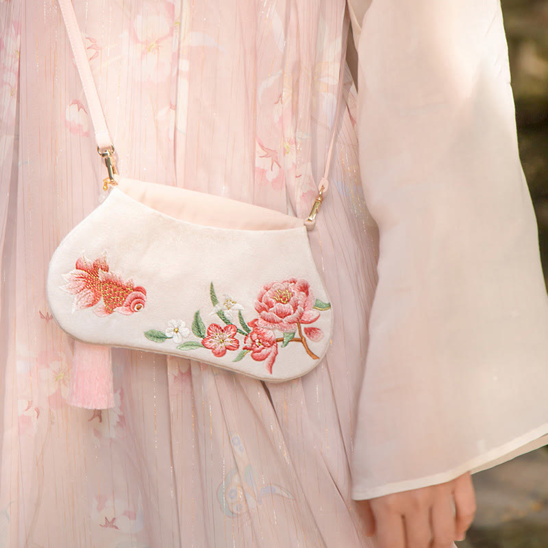 Sac à bandoulière avec broderie de Buddha Stones et de Lotus, poisson Koi, lapin, fleur, Hanfu - Koi Fish Pivoine - image 29