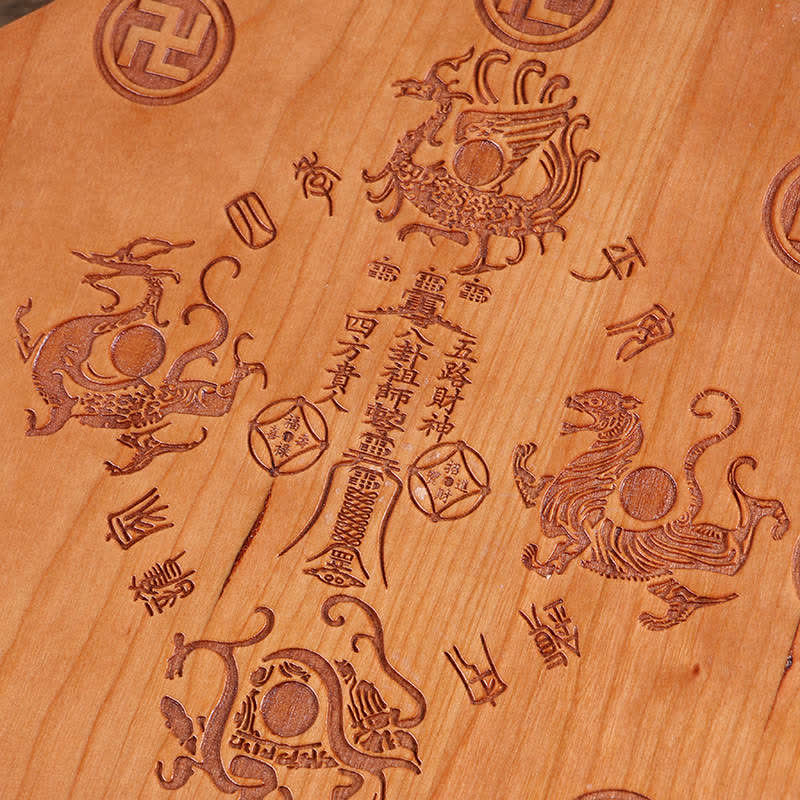 Carte Feng Shui Bagua Pièces de monnaie des cinq empereurs en bois de pêche Nœud chinois Carte énergétique d'équilibre Miroir