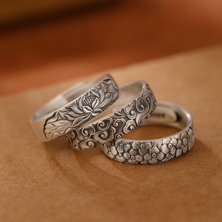 Buddha Stones d'illumination gravée en argent sterling 999 avec fleur de lotus et fleur de prunier et nuages de bon augure