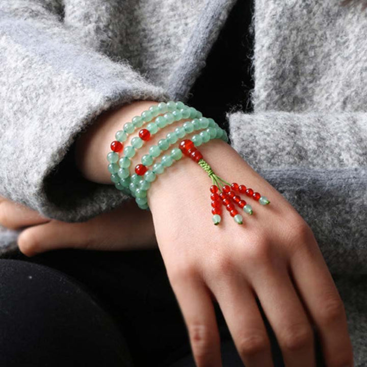 Bracelet Mala porte-bonheur en Buddha Stones, 108 perles, aventurine verte, agate rouge