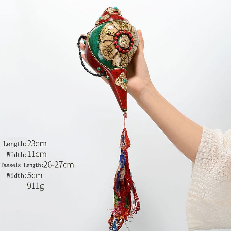 Tibétain fait à la main Shankha Om Mani Padme Hum bouddha Avalokitesvara coquille de conque Turquoise décoration positive - Bouddha Om Mani Padme Hum-Vairocana 23*11cm - image 22