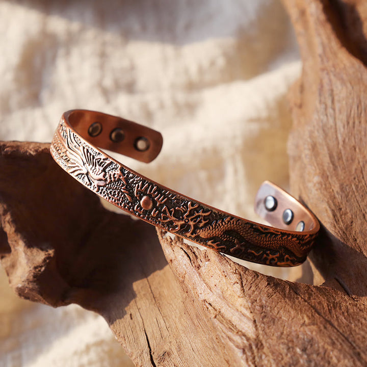 Bracelet manchette magnétique en cuivre massif avec Buddha Stones, dragon et phénix