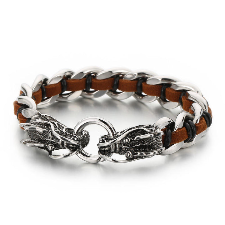 Bracelet tressé en cuir de dragon et acier titane pour protection et chance