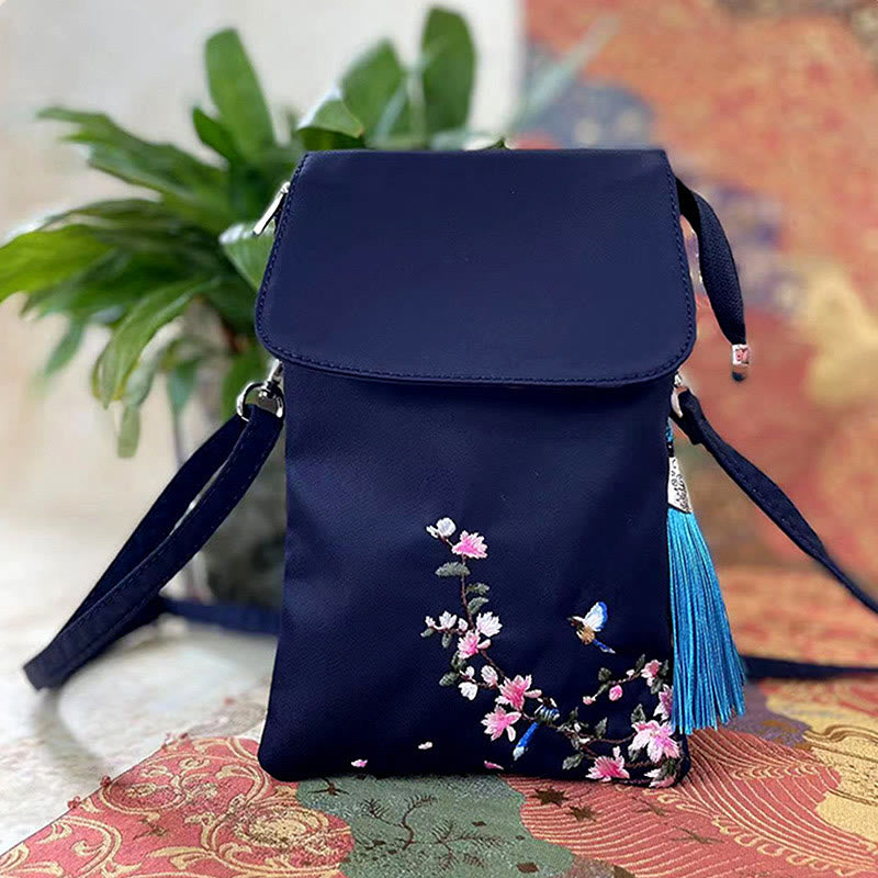 Sac à bandoulière en Buddha Stones imperméable brodé à la main avec fleurs de lotus - Oiseau à fleurs bleues - image 4