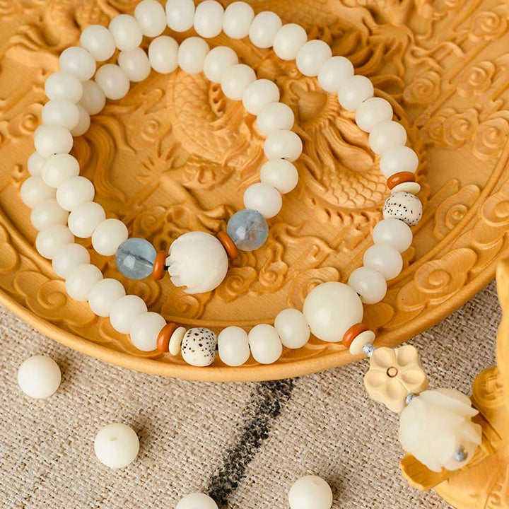 Bracelet de bénédiction Bodhi Lotus en jade blanc tibétain Buddha Stones