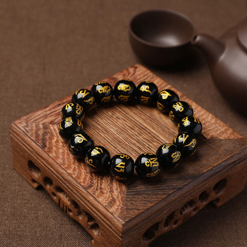Bracelet de méditation en onyx noir et cristal blanc Buddha Stones du Tibet Om Mani Padme Hum