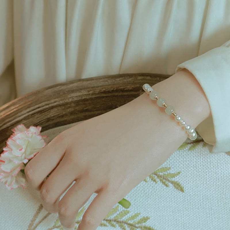 Bracelet chaîne en perles de sincérité en jade blanc cyan Hetian plaqué or 14 carats