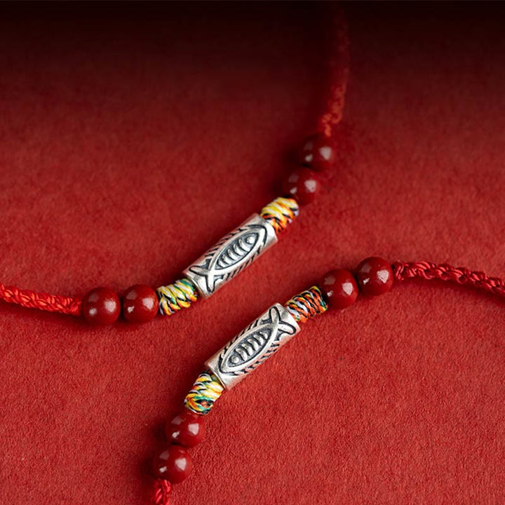 Bracelet de cheville tressé artisanal en argent sterling 925 avec perles de cinabre et poisson koï de Buddha Stones