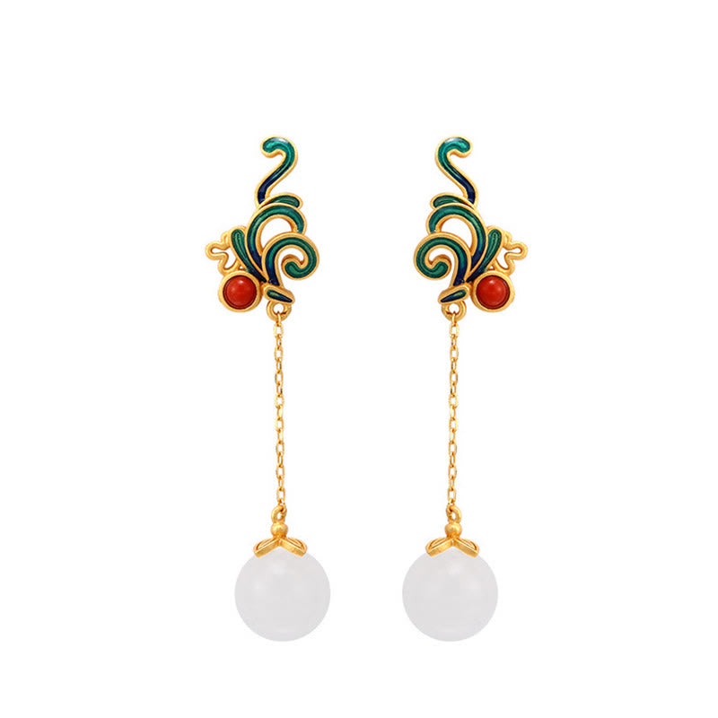 Boucles d'oreilles pendantes en jade blanc et agate rouge vintage Buddha Stones