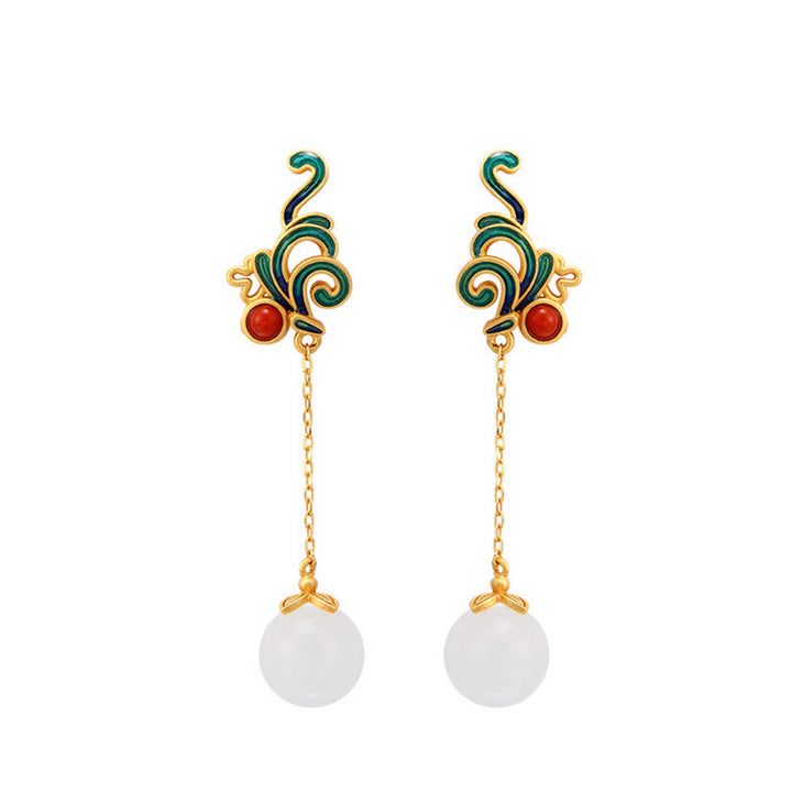Boucles d'oreilles pendantes en jade blanc et agate rouge vintage Buddha Stones