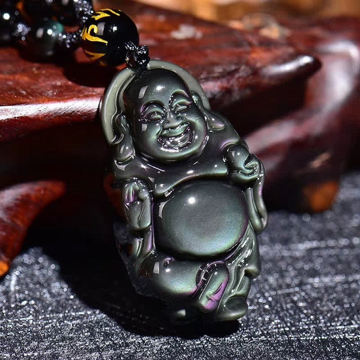 Collier pendentif Bouddha rieur en obsidienne arc-en-ciel naturelle pour la paix intérieure - image 2