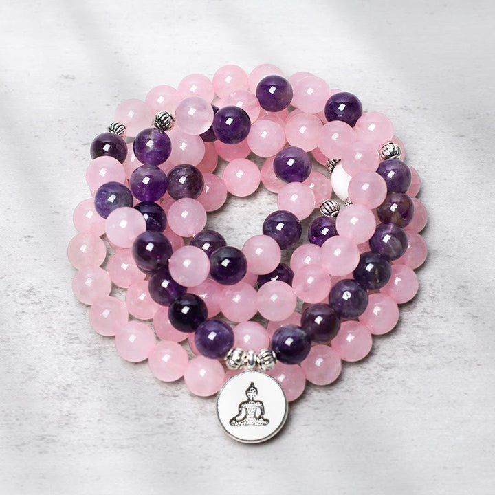 Bracelet Mala en perles de quartz rose et améthyste naturelles avec pendentif lotus Buddha Stones - Pendentif Bouddha - image 5