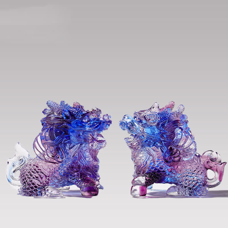 Buddha Stones Feng Shui Kirin Pièce d'art en cristal Liuli faite à la main Décoration de bureau à domicile - Violet - Une paire - image 2