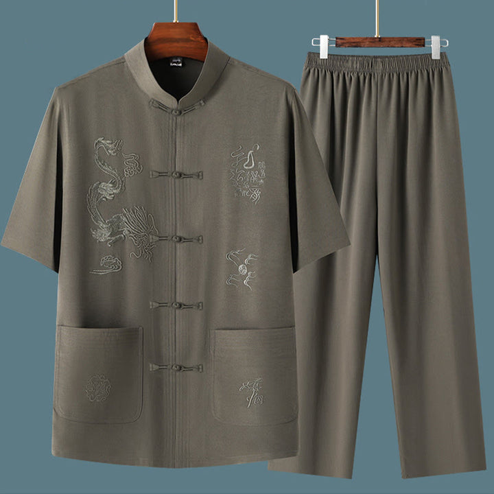 Costume Tang en Buddha Stones Hanfu Dragon chinois Uniforme de Kung Fu traditionnel Haut à manches courtes et pantalon Vêtements Ensemble pour hommes - image 3
