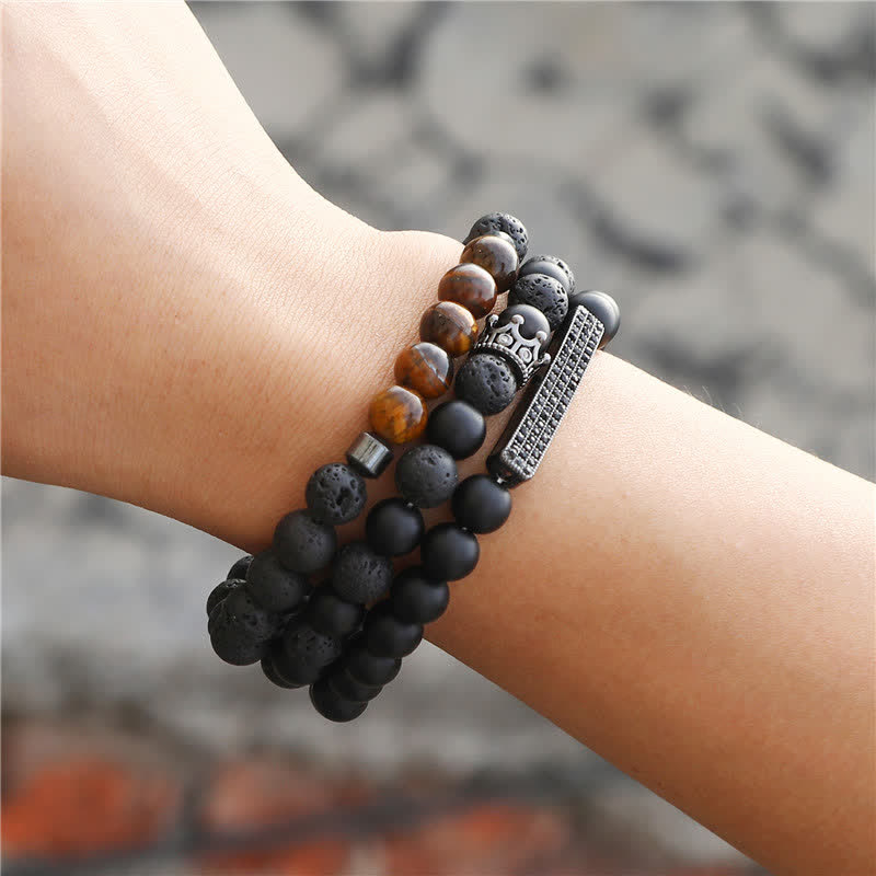 Bracelet d'activation en pierre de lave givrée avec œil de tigre, 3 pièces, Buddha Stones