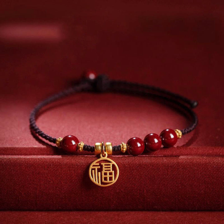 Bracelet tressé avec breloque et bénédiction en perles de cinabre et Buddha Stones