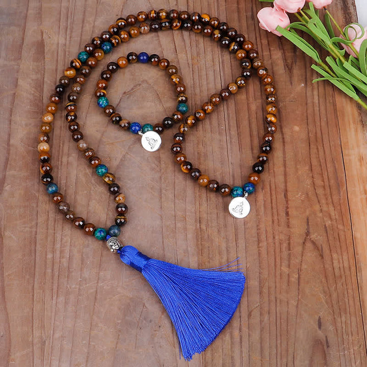 Bracelet Mala 108 Buddha Stones avec œil de tigre et pendentif en forme de pompon