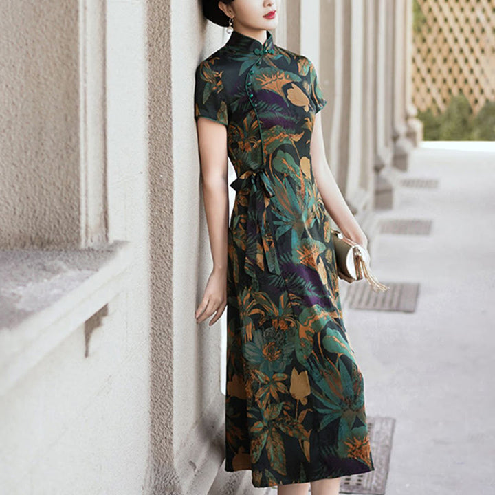 Robe Qipao en soie avec Buddha Stones, motif rétro de feuilles de fleurs, robe cheongsam pour femme