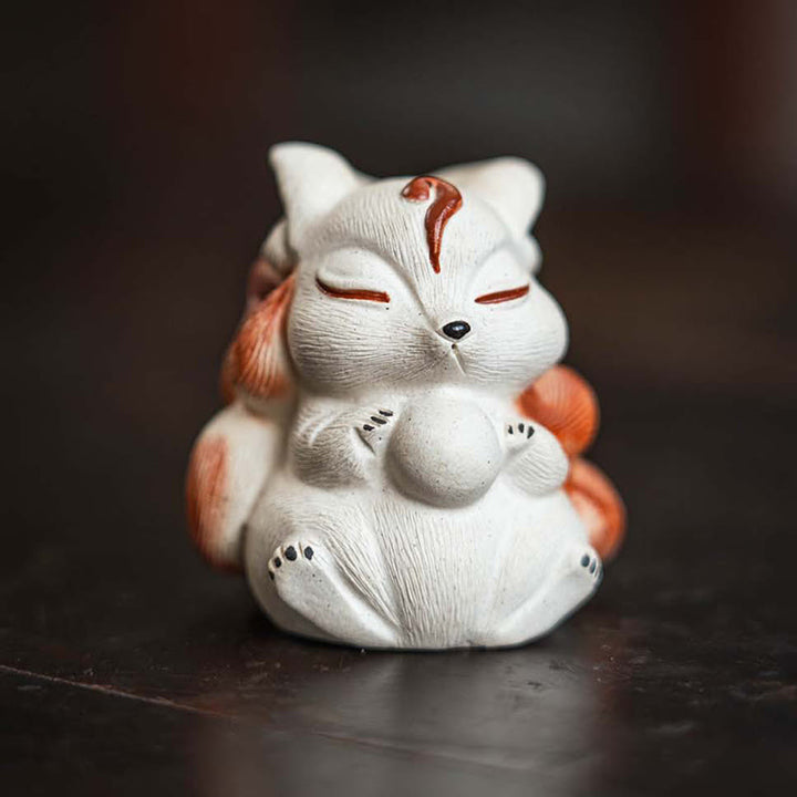 Mini renard à neuf queues en argile violette, décoration de bureau porte-bonheur en Buddha Stones