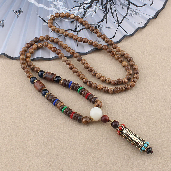 Buddha Stones tibétain Om Mani Padme Hum Dzi perle wengé bois collier pendentif - Chaîne de perles en bois Om Mani Padme Hum - image 0